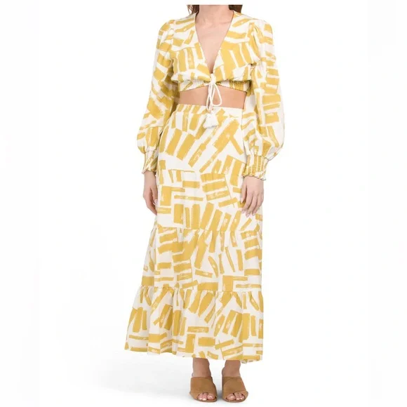 LAST PIECEHOUSE OF HARLOW Long Sleeve Linen Crop Top With Maxi Skirt Set